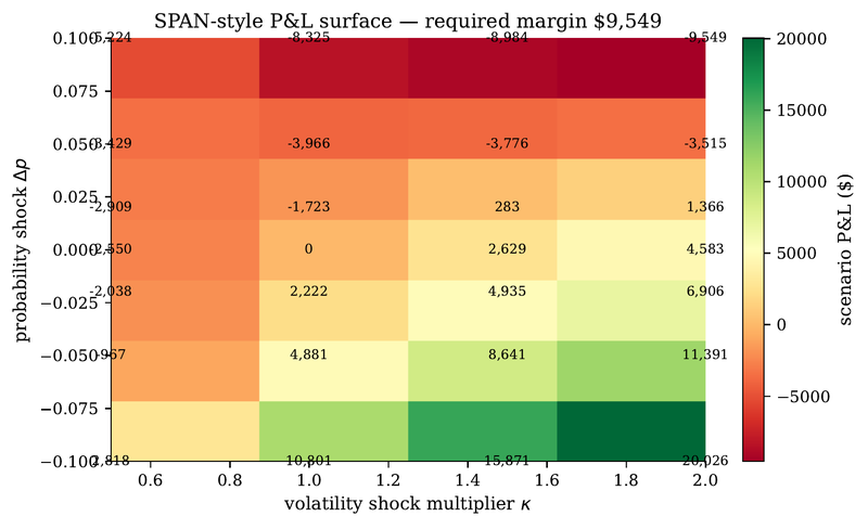 Figure 6. Scenario P&L grid for a 3-leg portfolio (long futures, short calls, long puts). The worst-loss cell determines the required SPAN margin, displayed in the title.