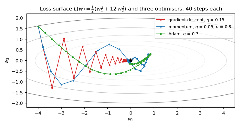 Figure A1. Gradient descent, momentum and Adam on the loss surface L(w) = 1/2 (w1² + 12 w2²), forty steps each from the same start. The star is the minimum.